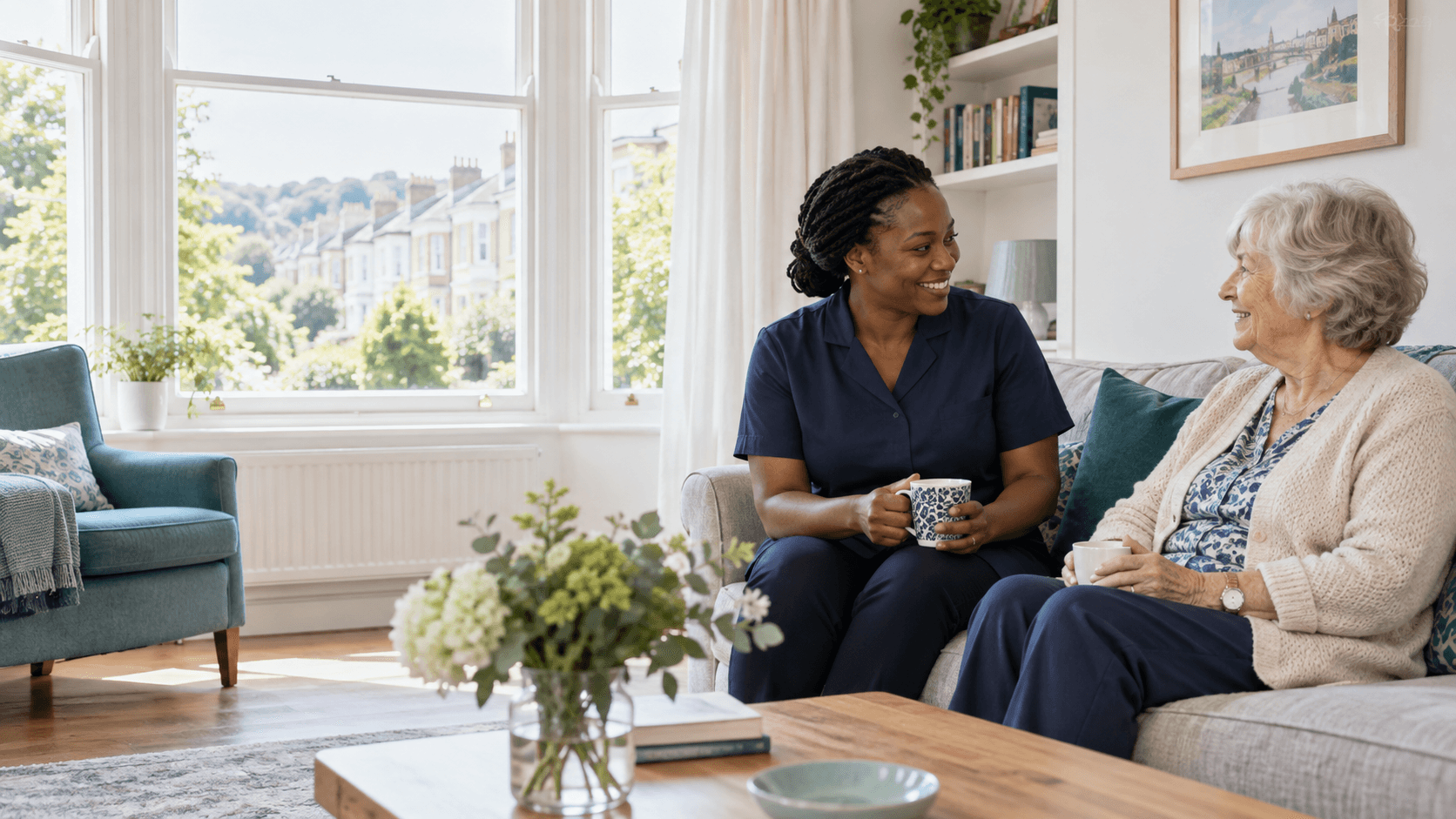 A care professional spending time with an older person at home